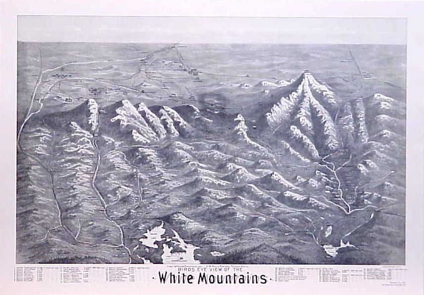Engraved, 3D-style map of the White Mountains, with detailed ridge lines, peaks, and lakes.