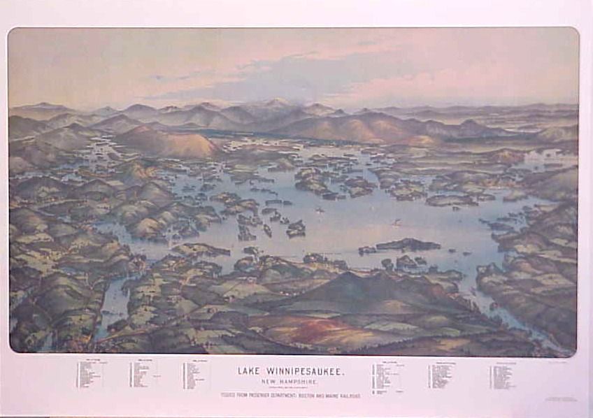 Bird's-eye view of Lake Winnipesaukee, New Hampshire, with islands, mountains, and surrounding landscape.