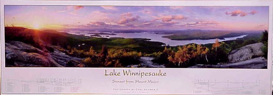 Panoramic view of Lake Winnipesaukee at sunset, seen from Mount Major.