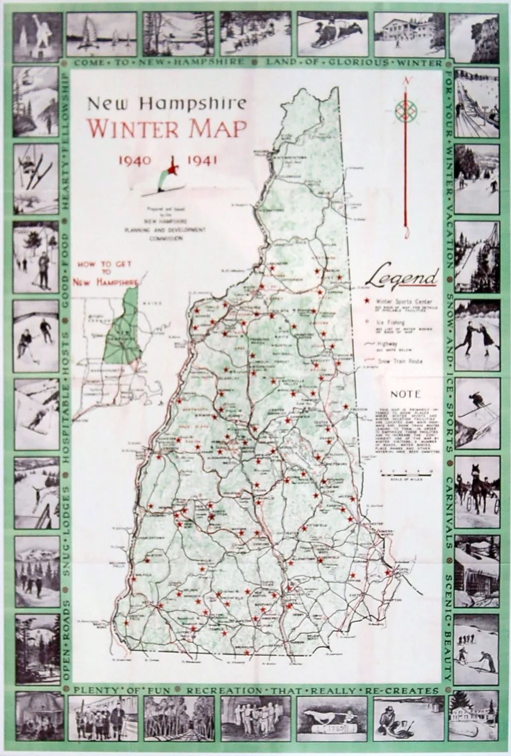 New Hampshire Winter Map, 1940-1941, with skiing and winter sport illustrations around the border.