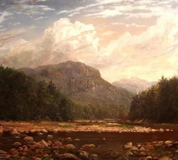 Landscape painting of mountains and river, with forest on either side and light-colored clouds in the sky.