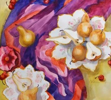 Watercolor still life: pears, cherries, and patterned fabric with yellow, purple, and orange hues.