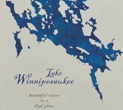 Blue watercolor map of Lake Winnipesaukee with cursive text: