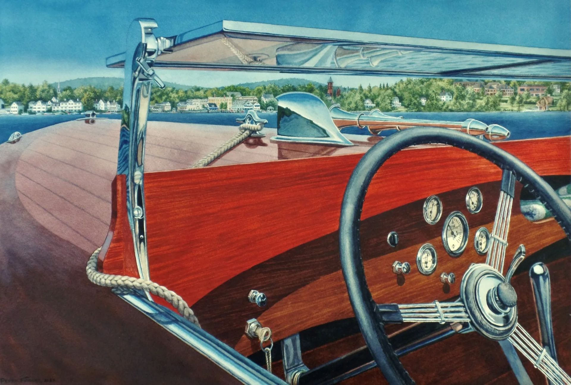 Wooden speedboat interior view, steering wheel prominent, water and distant town visible.