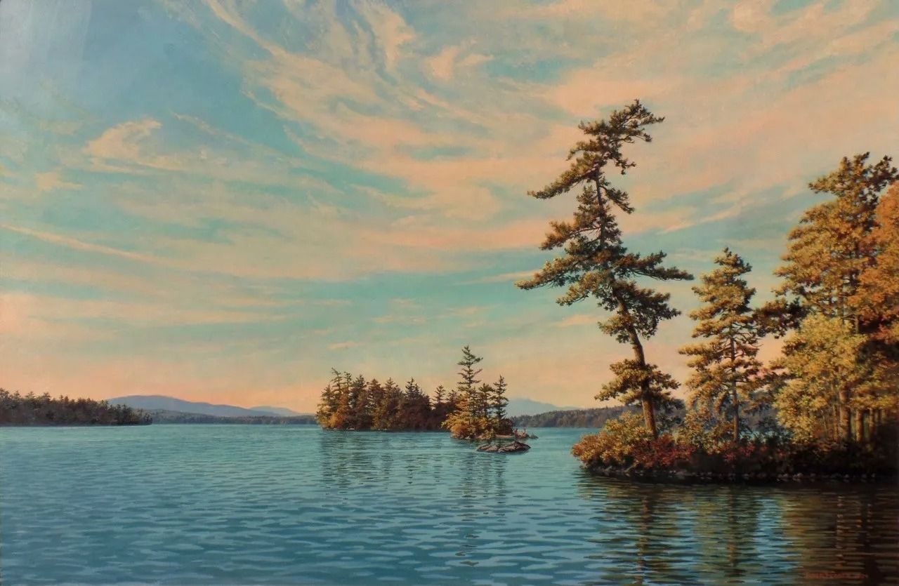 Calm lake scene with islands, trees, and cloudy sky in shades of blue, orange, and green.