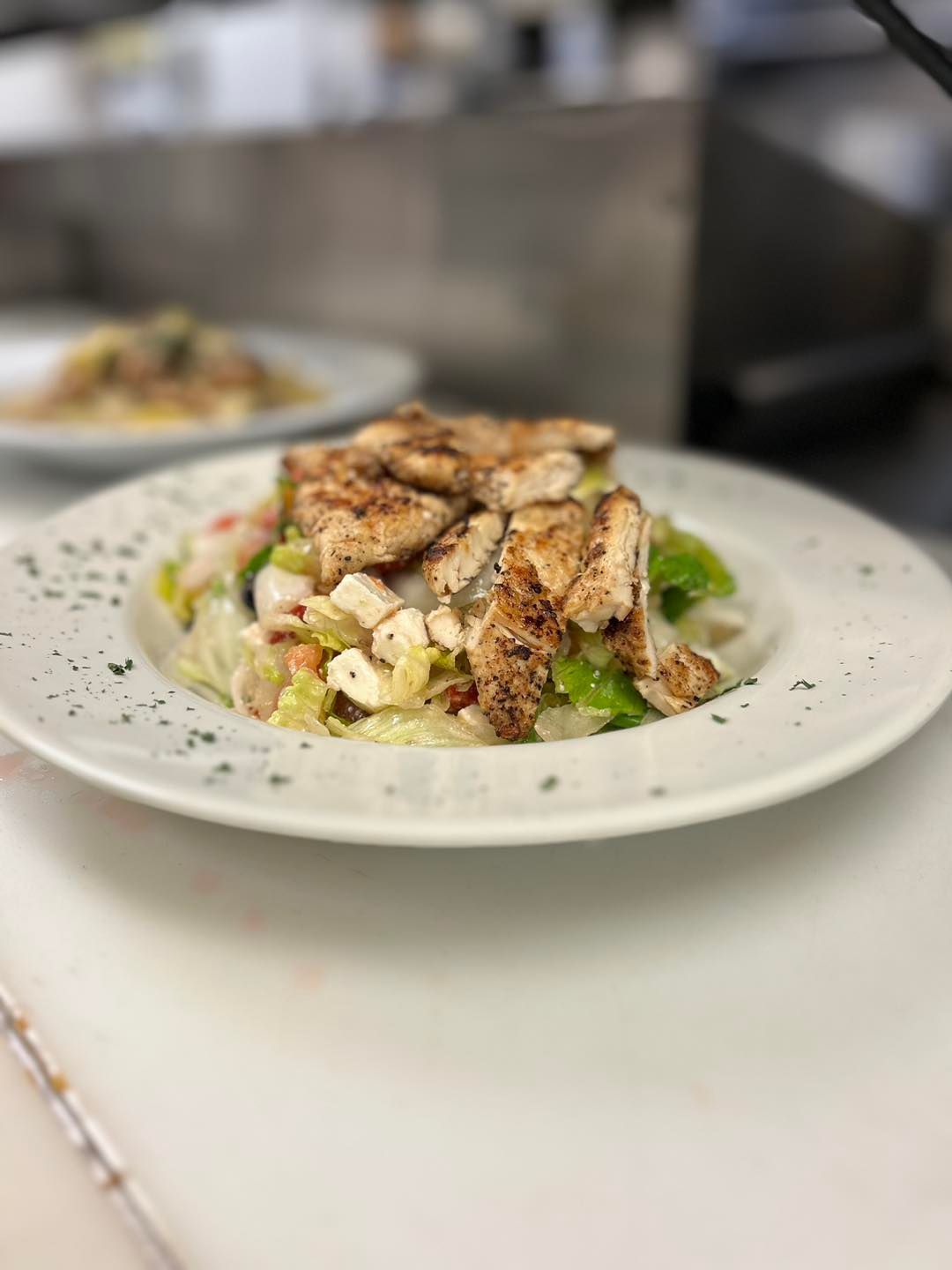 A close up of a plate of food on a table.