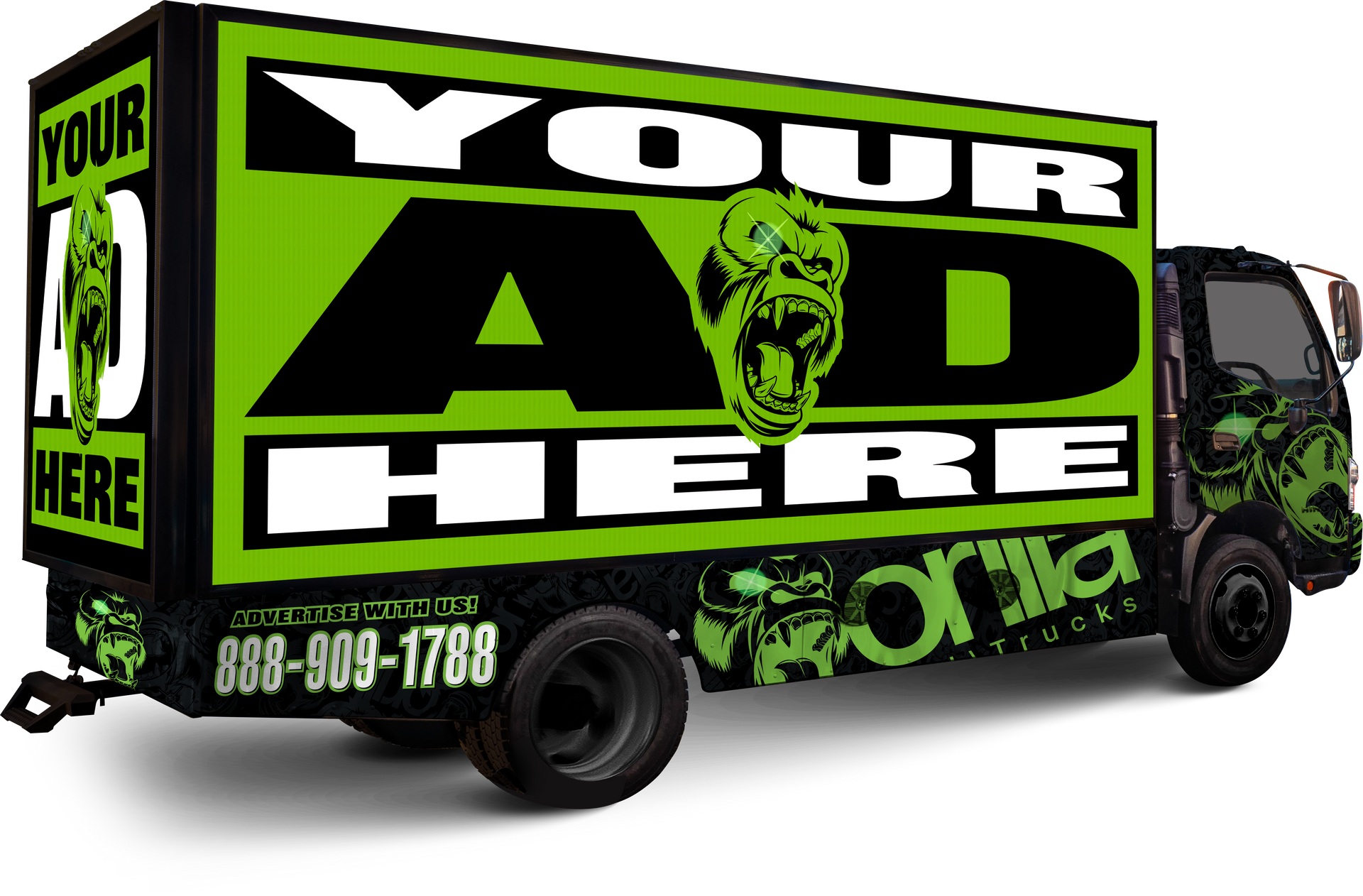 A green and black truck that says your ad here