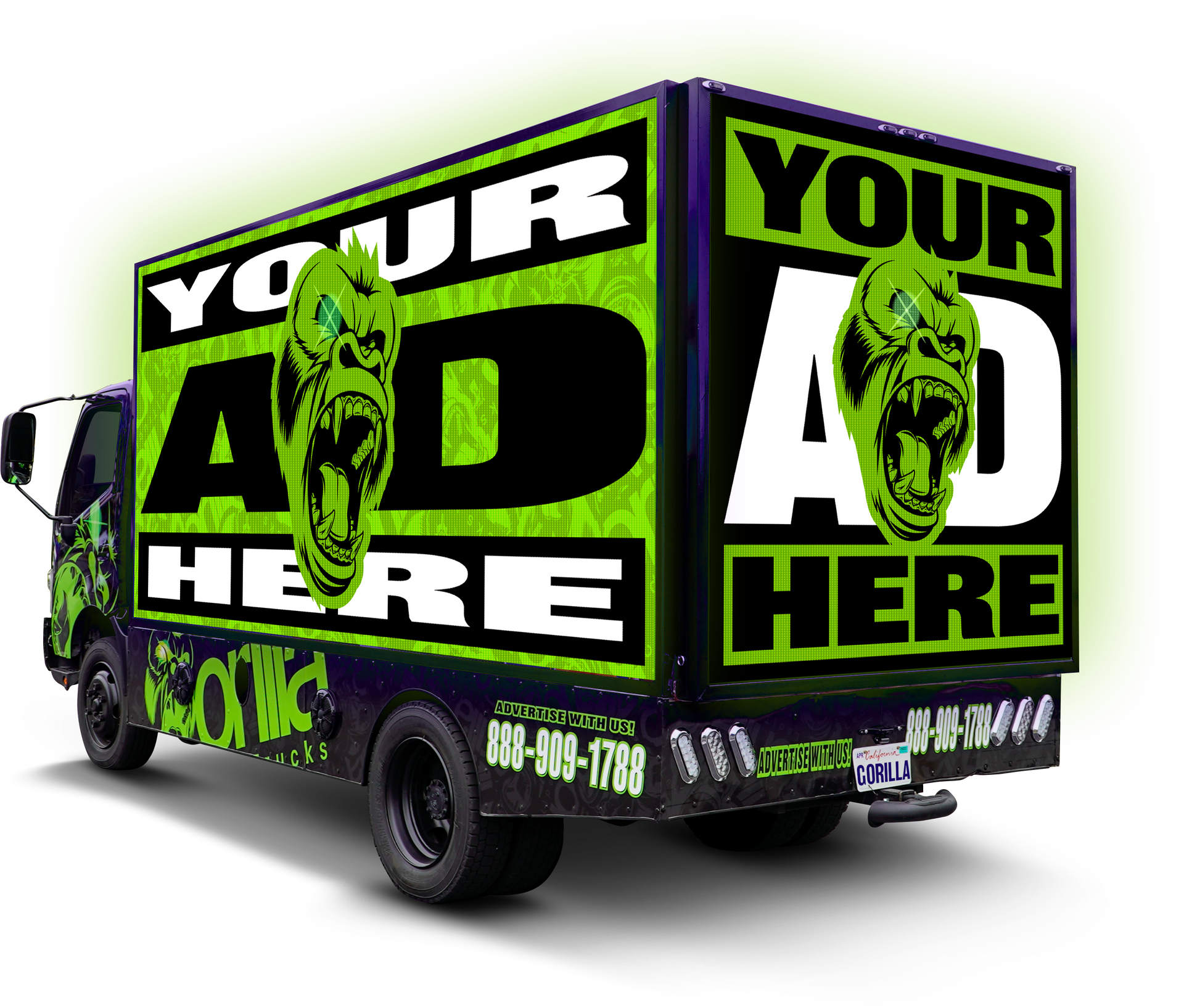 A green and black truck that says your ad here