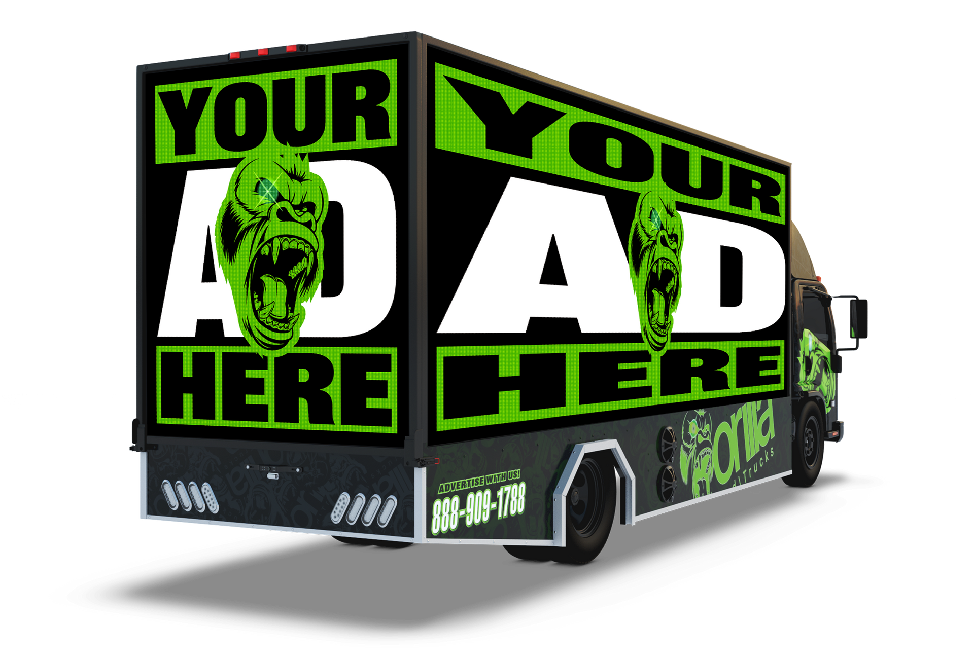 A green and black truck that says your ad here