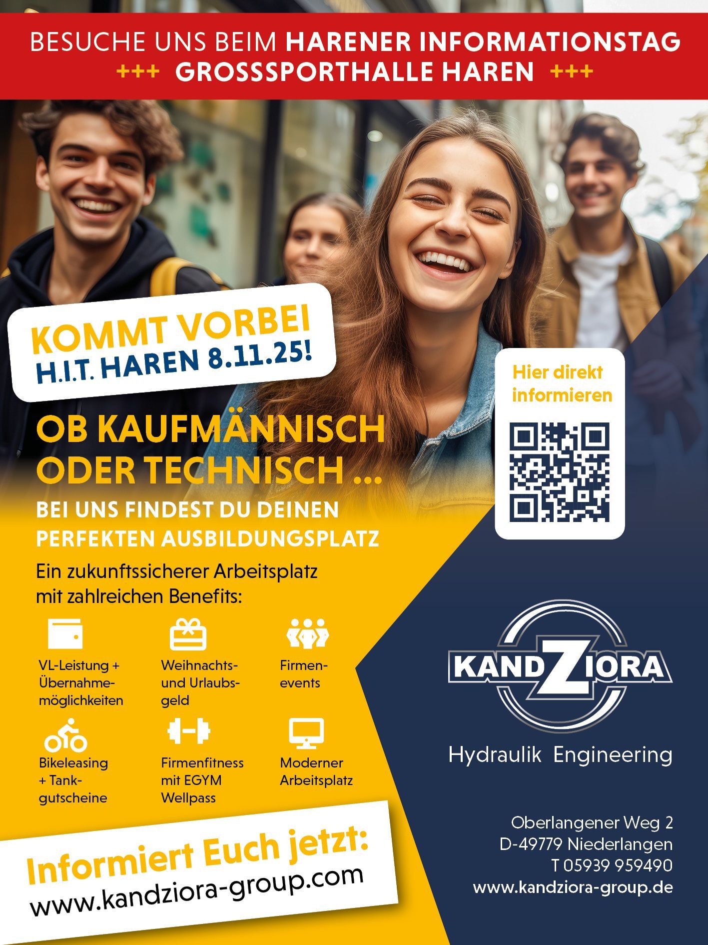 Plakat: Werbung für die Jobmesse. Lächelnde junge Leute, auffälliger Text wirbt für Karrieremöglichkeiten bei Kandziora, Informationstag in Haren.