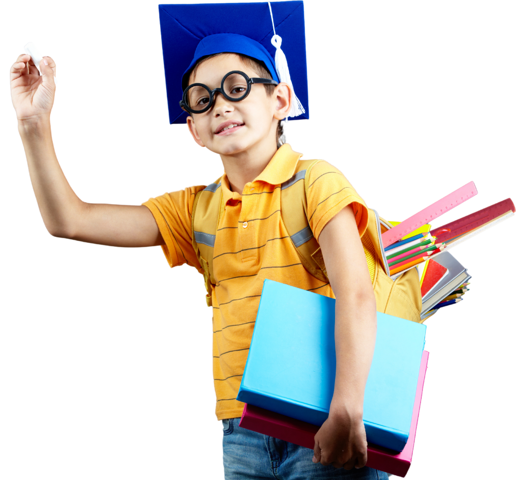 A young boy wearing a graduation cap and glasses is holding books