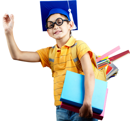 A young boy wearing a graduation cap and glasses is holding books