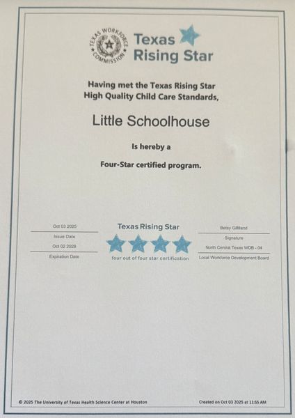 Texas Rising Star certificate for Little Schoolhouse, a four-star certified high-quality childcare program.