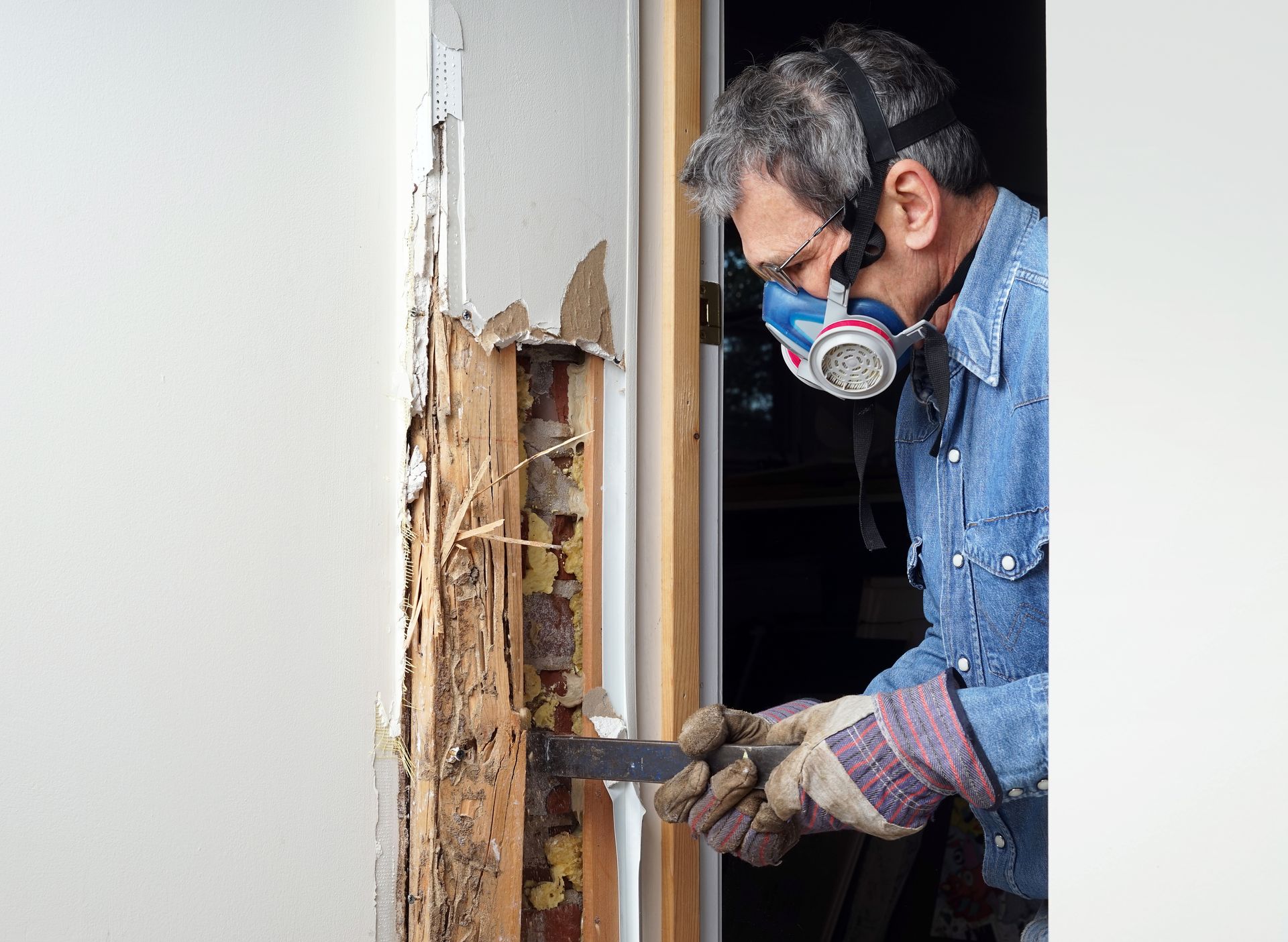 Man carefully removing termite-damaged wood from a wall.