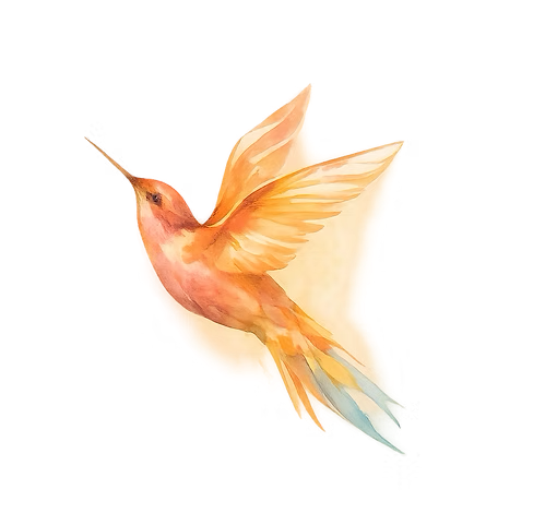 Watercolor hummingbird in orange and peach, hovering with wings outstretched on a white background