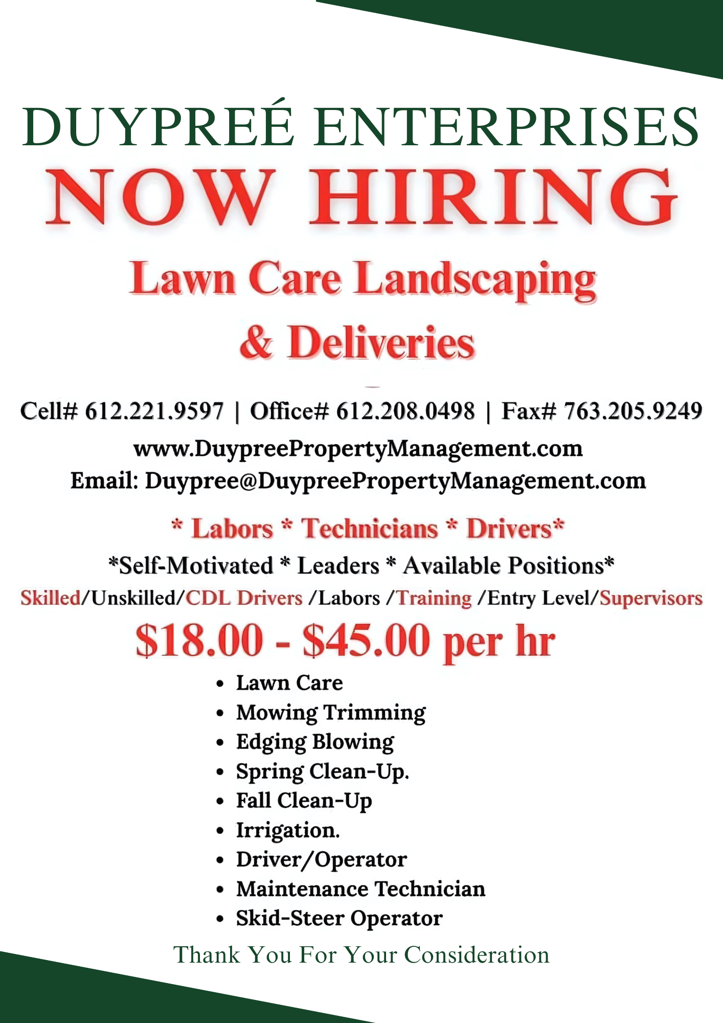 A poster for a company that is now hiring lawn care landscaping and deliveries