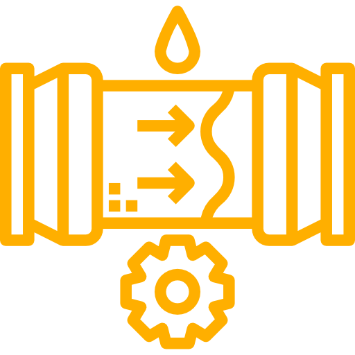 A yellow icon of a pipe with arrows pointing in different directions and a gear.