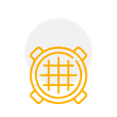 A yellow and white icon of a grid in a circle.