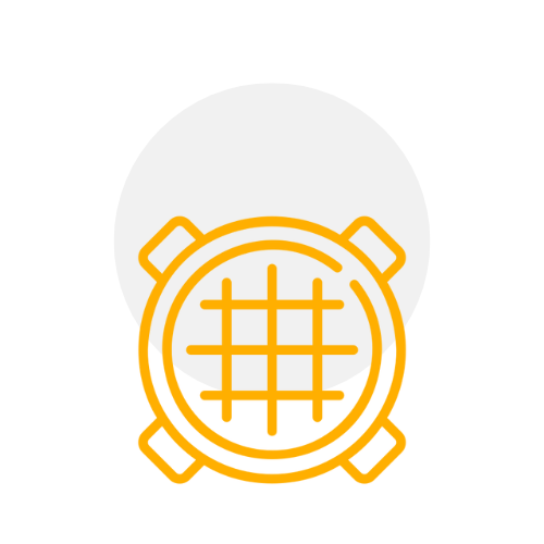 A yellow and white icon of a grid in a circle.