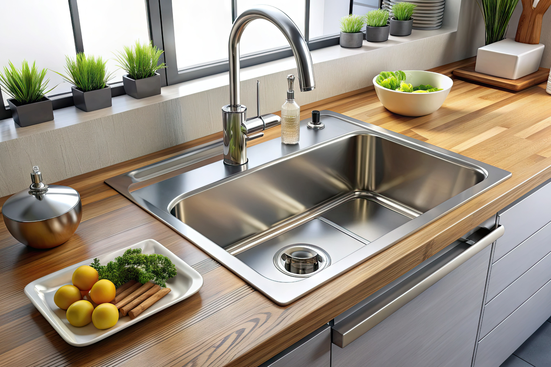 A kitchen with a stainless steel sink and a wooden counter top