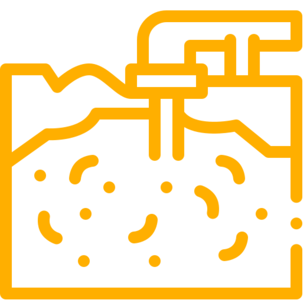 A yellow icon of a drain with a hose coming out of it.