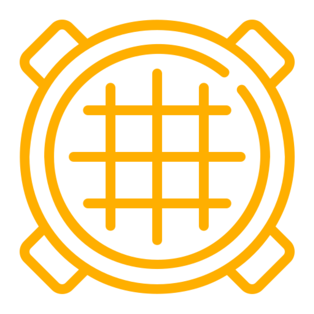 A yellow icon of a grid in a circle on a white background.