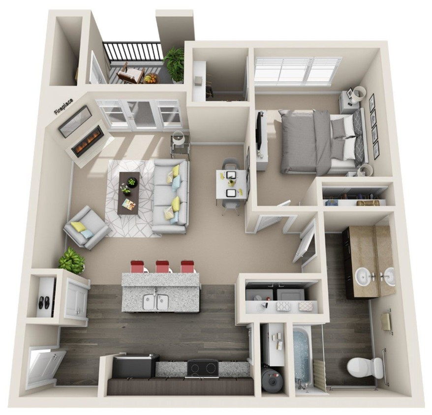 A 3d floor plan of a small apartment