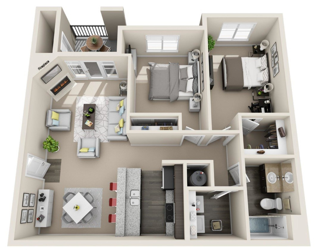 A 3d floor plan of a house with two bedrooms and a bathroom.