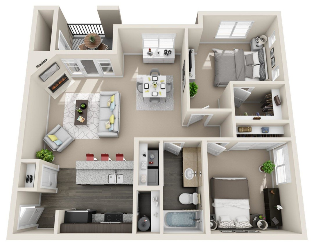 A 3d floor plan of a house with a bedroom , living room , dining room , and bathroom.