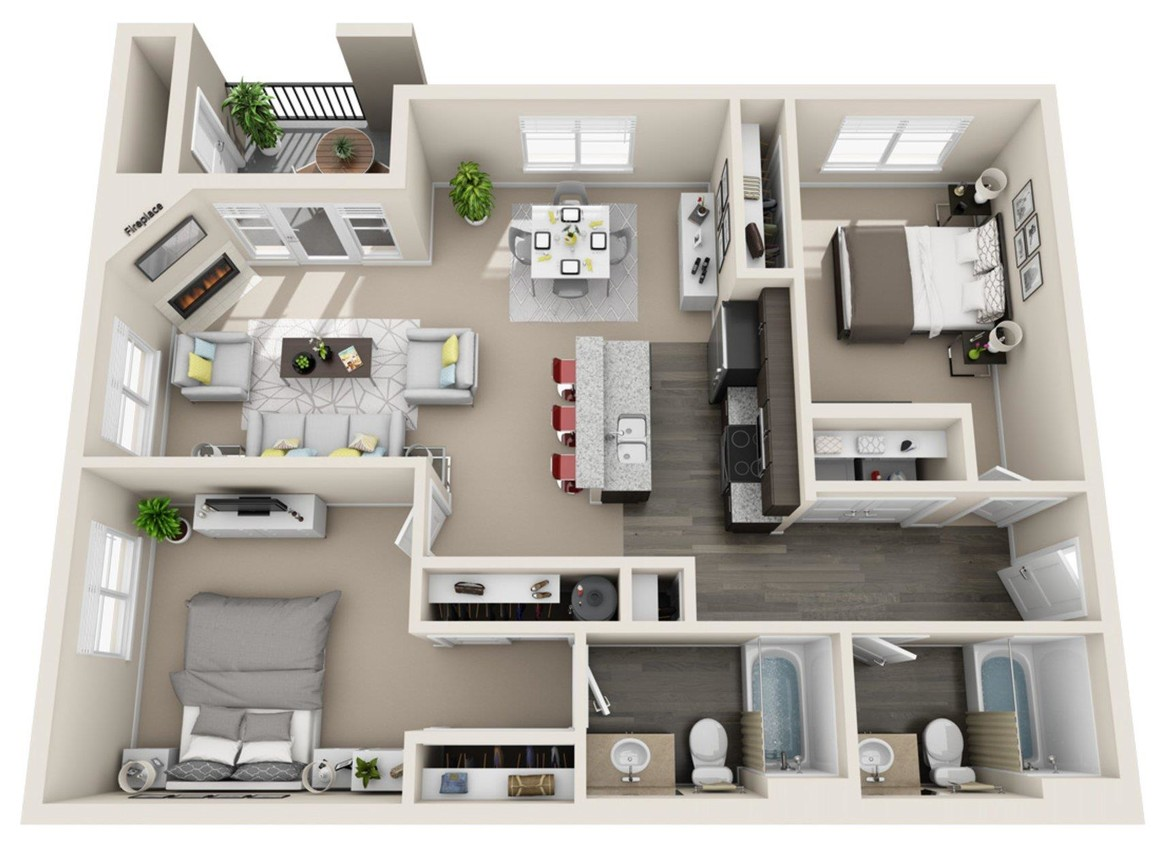 A 3d floor plan of a house with two bedrooms and a bathroom.