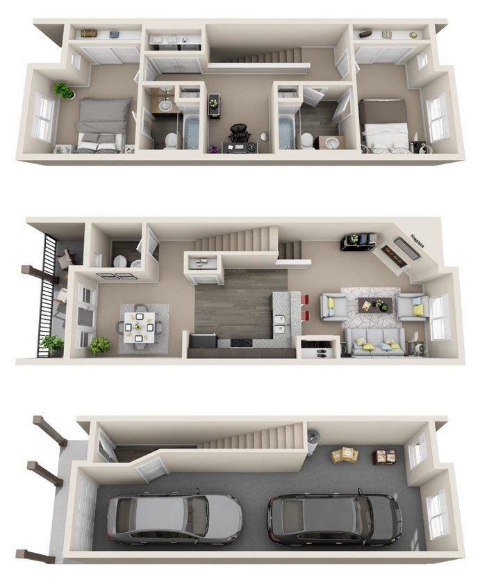 A 3d floor plan of a house with a car in the garage.