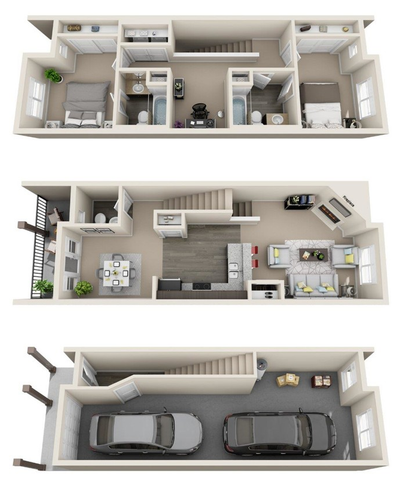 A 3d floor plan of a house with a car in the garage.