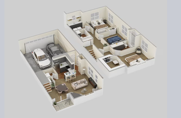 A 3d floor plan of a house with a car in the garage.