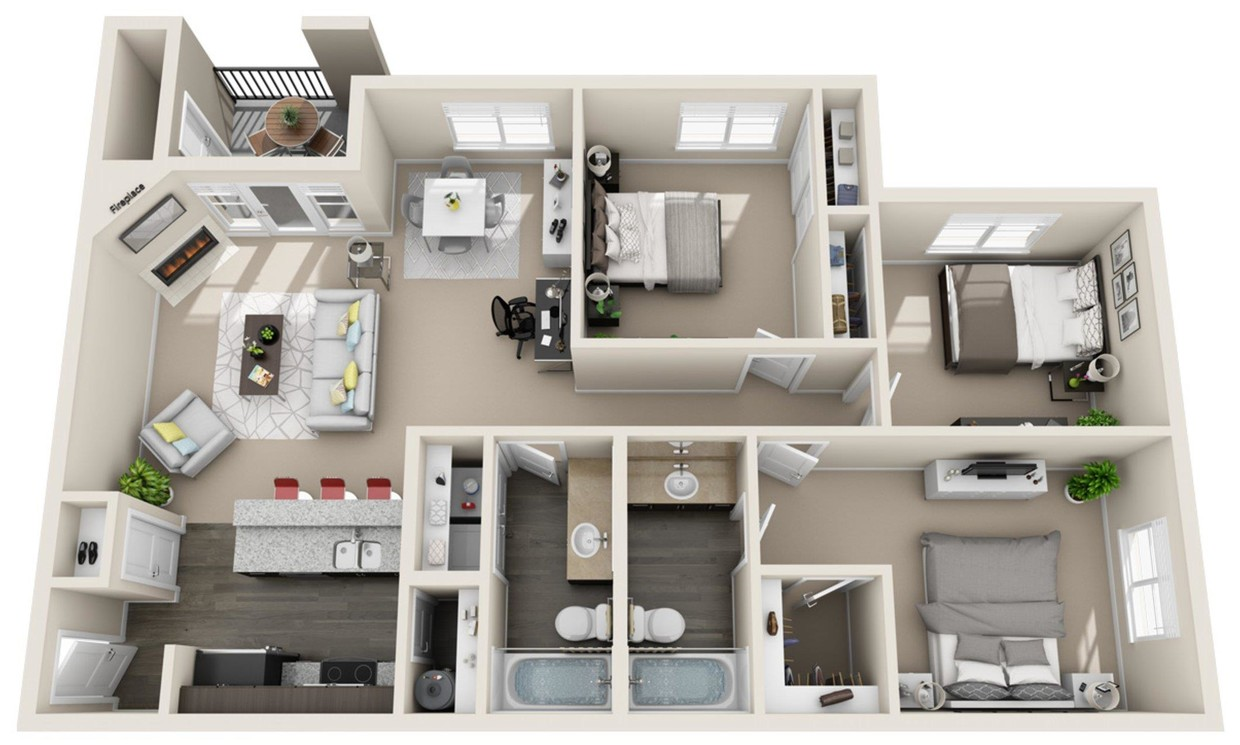 A 3d floor plan of a house with a lot of furniture.