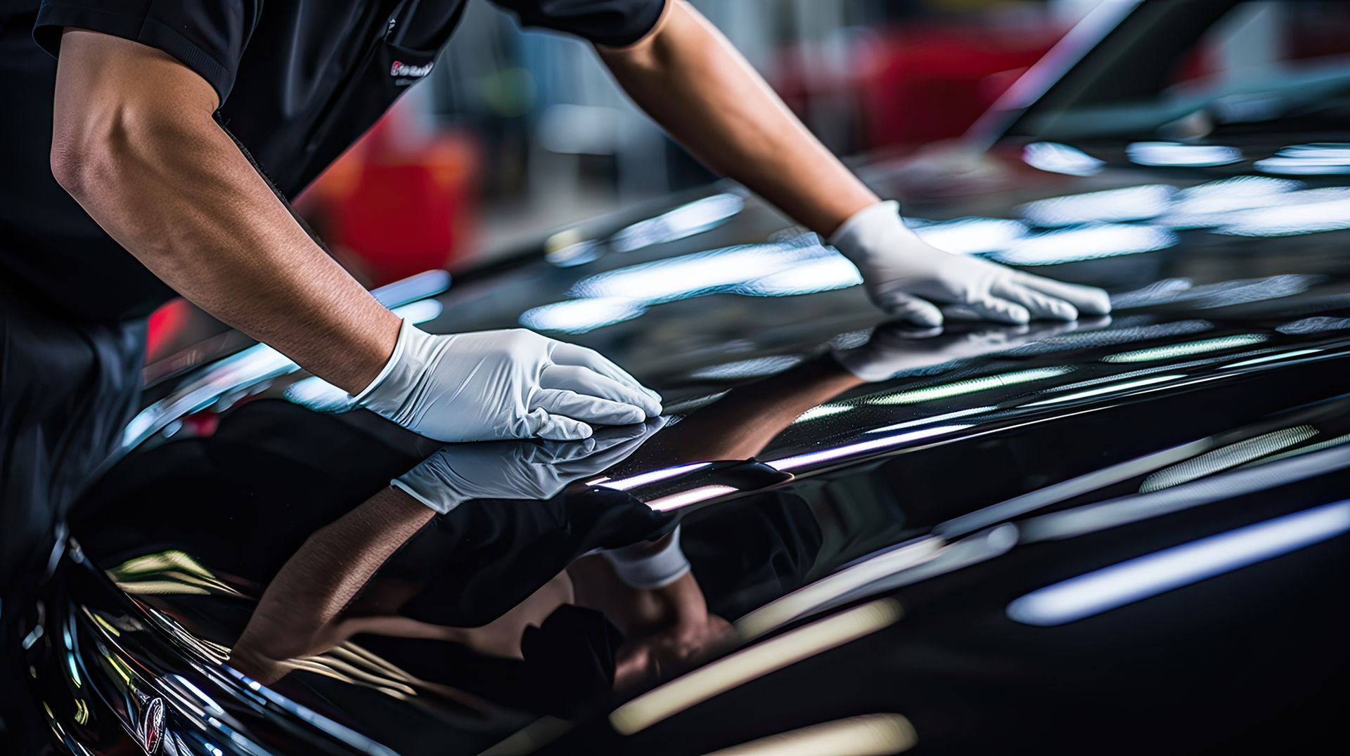 A man is polishing the hood of a black car.