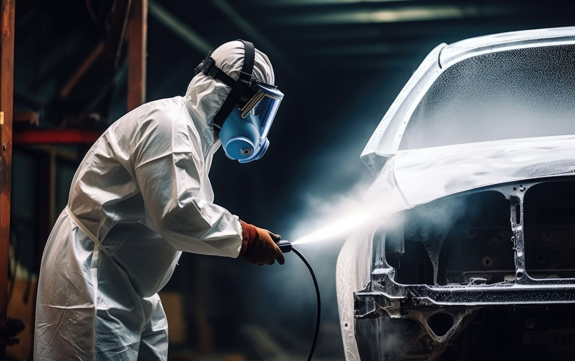 A man in a protective suit is spray painting a car in a garage.