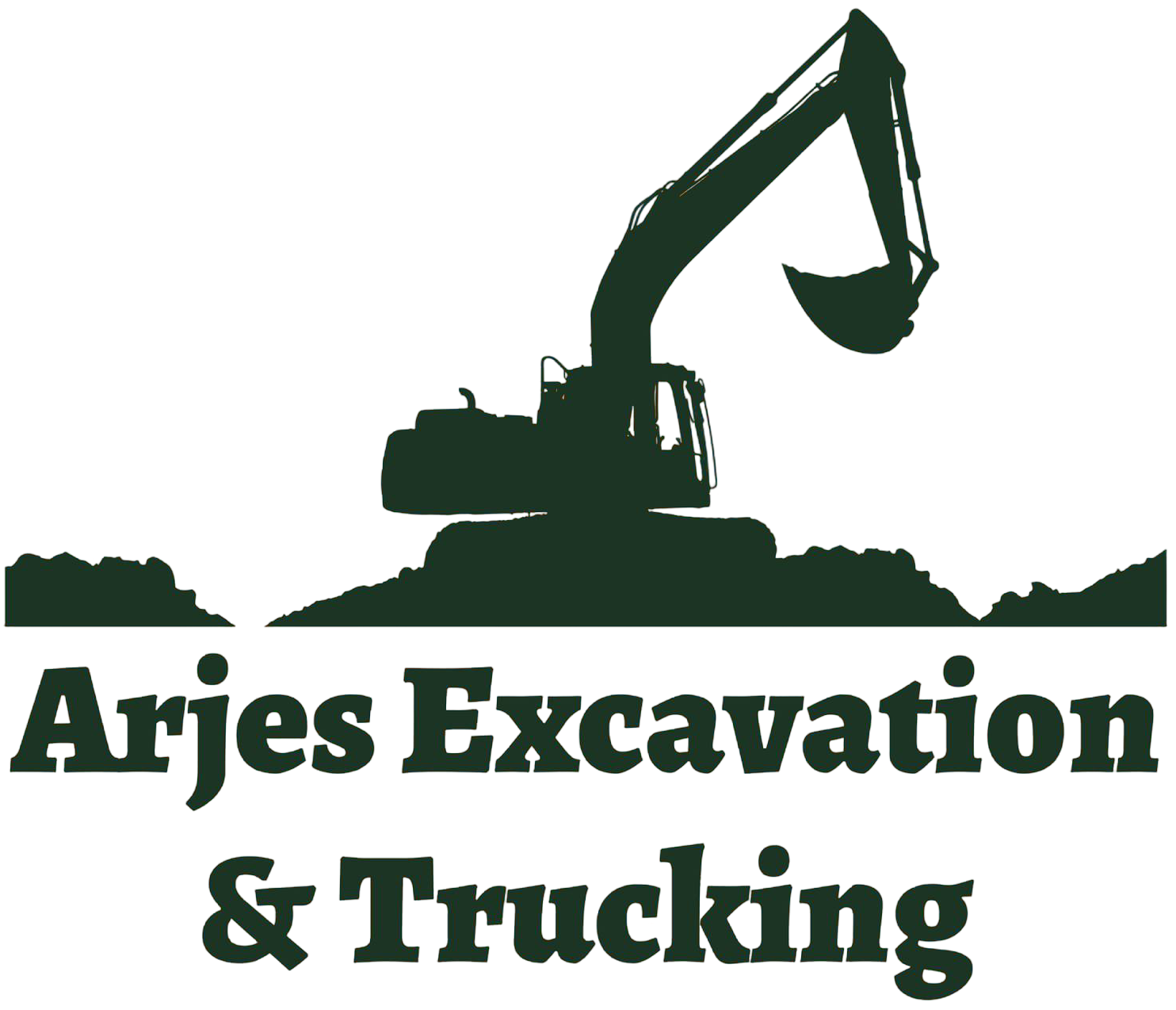 Silhouette of an excavator on a worksite. Text reads "Arjes Excavation & Trucking."
