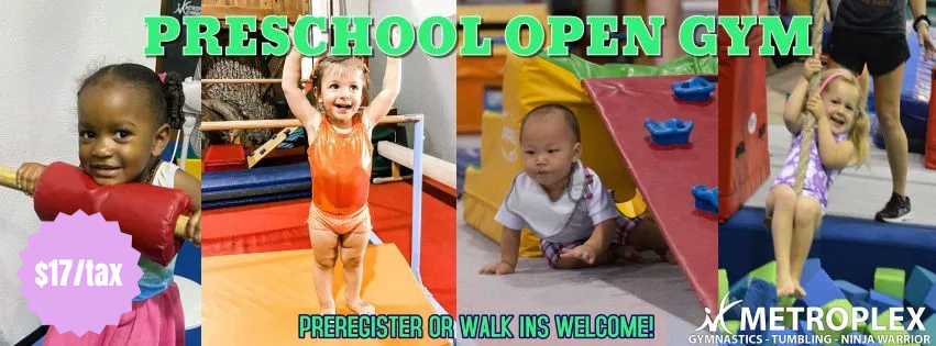 Preschool open gym promotion: Children playing on gym equipment. Text states