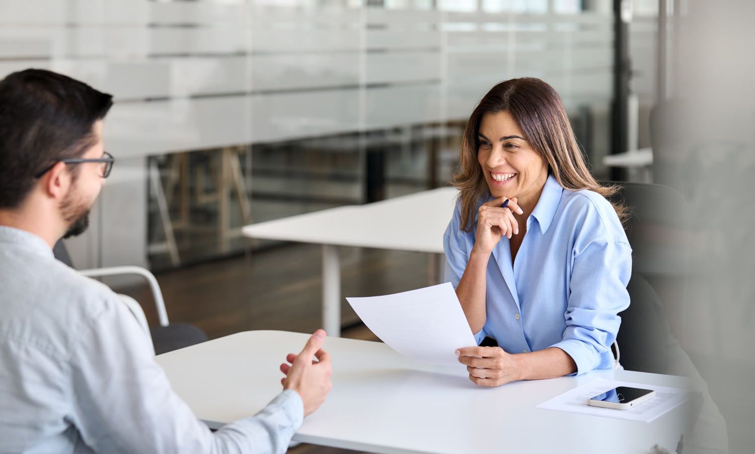 Female HR Having Job Interview Meeting With Male Recruit — New Hire in Newcastle, NSW