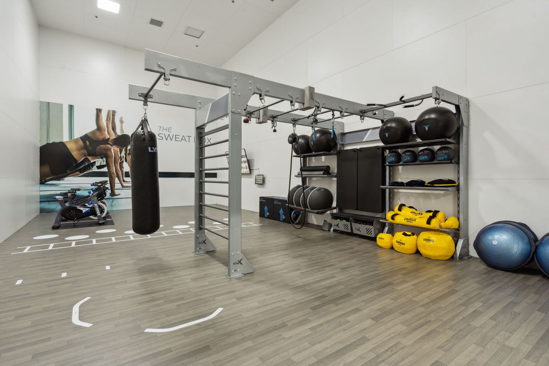 Gym interior with exercise equipment: punching bag, climbing bars, medicine balls, and weights on shelves.