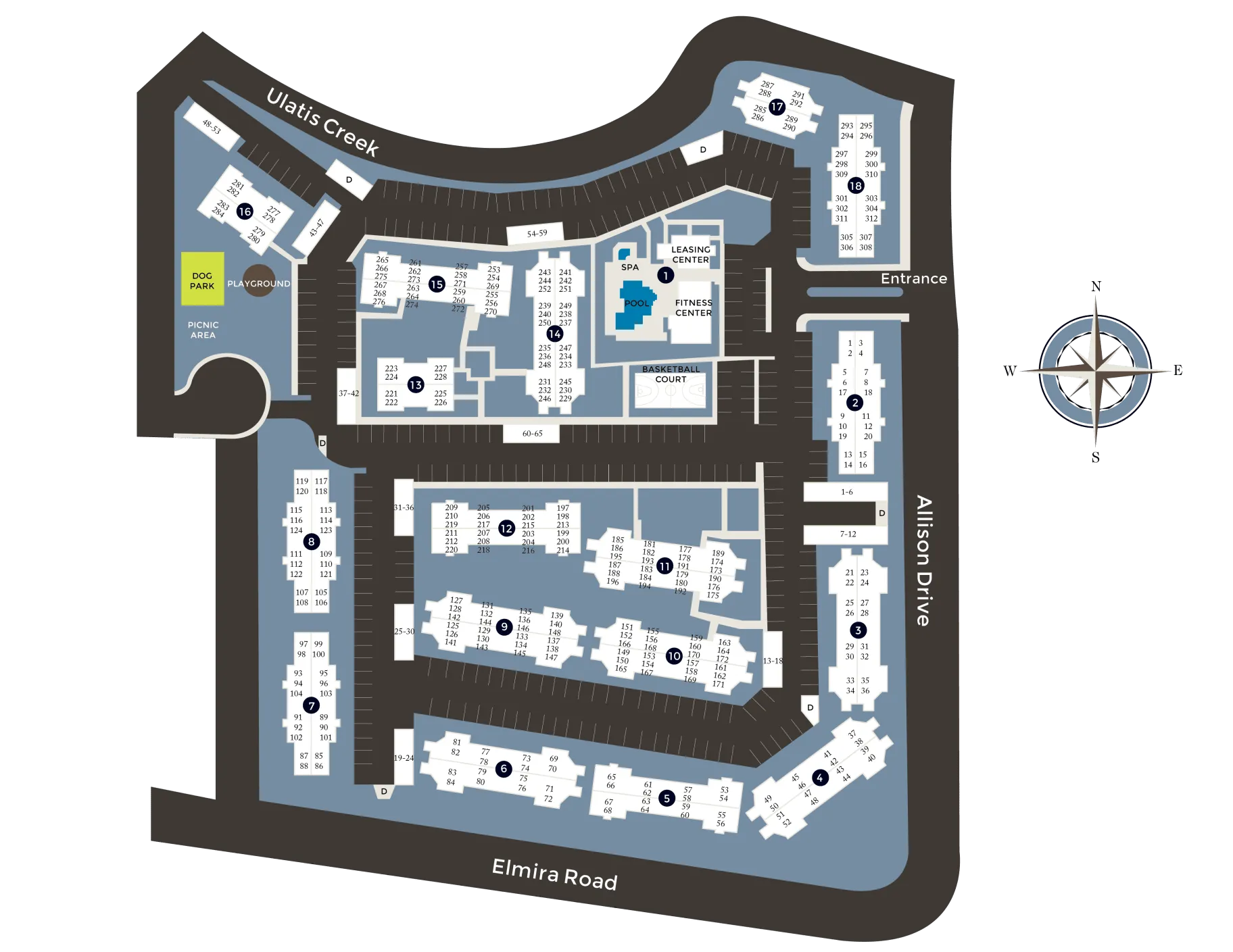 Apartment complex floor plan, blue and white, with building layouts, parking, a pool, and street names.