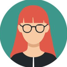 Personnage illustré aux cheveux roux, portant des lunettes rondes et un haut noir, sur fond turquoise.