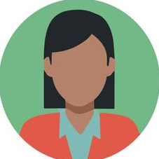 Icône d'avatar générique représentant une personne aux cheveux foncés, vêtue d'une veste rouge et d'une chemise turquoise, sur un fond circulaire vert.