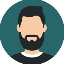 Avatar stylisé avec barbe, cheveux courts et foncés et chemise noire, sur fond de cercle turquoise