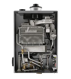 The inside of a gas water heater is shown on a white background.