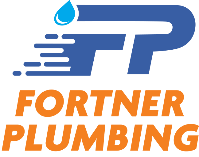 A blue and orange logo for fortner plumbing