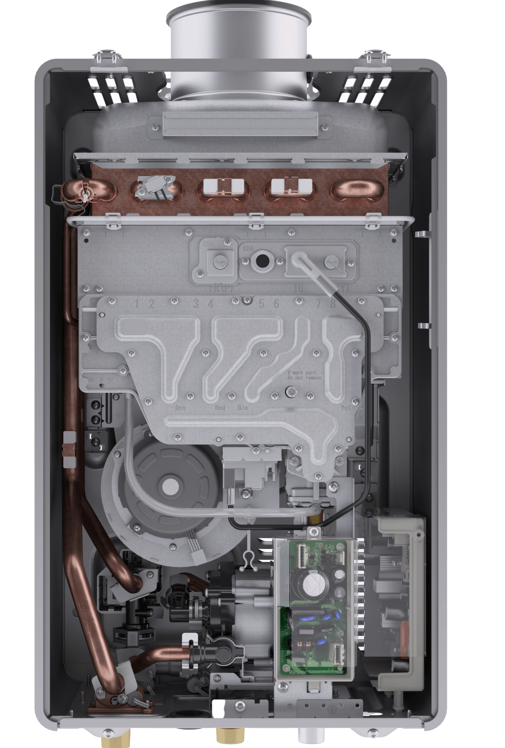 The inside of a gas water heater is shown.