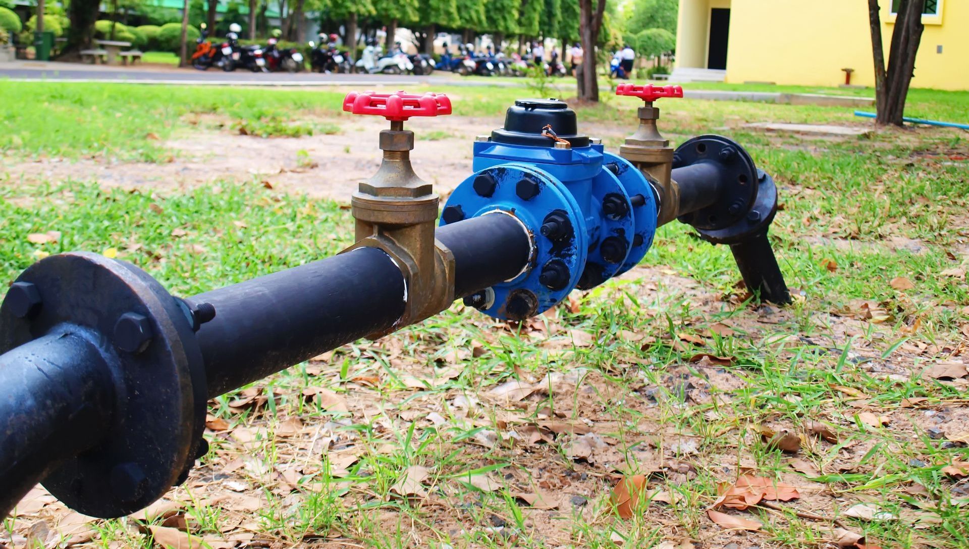A close up of a water pipe with valves on it in a park.