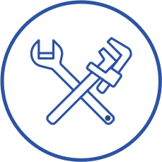 A wrench and a pipe wrench are crossed in a blue circle.