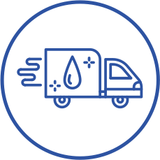 An icon of a delivery truck with a drop of water on the side.